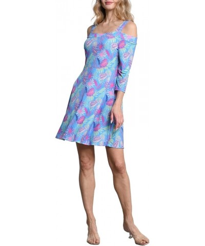 3/4 Sleeve Cold Shoulder Fit and Flare Dress Pink Blue Palm Leaf $15.98 Dresses