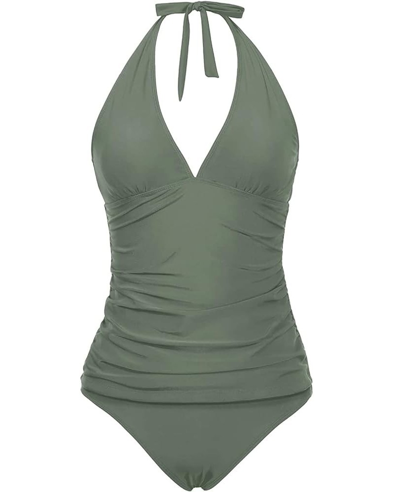 Two Piece Tankini Bathing Suits for Women Tummy Control Swimsuits Sexy V Neck Halter Tankini Top with Bikini Bottom Army Gree...