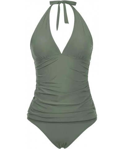 Two Piece Tankini Bathing Suits for Women Tummy Control Swimsuits Sexy V Neck Halter Tankini Top with Bikini Bottom Army Gree...