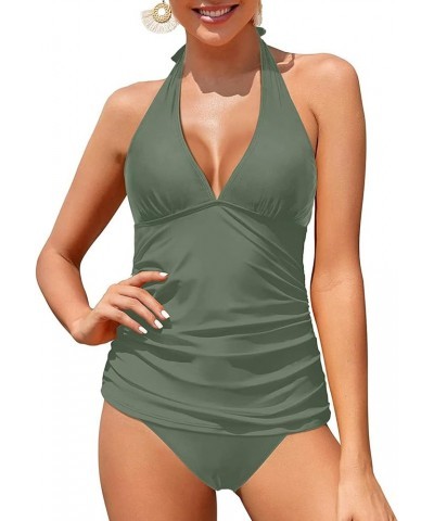 Two Piece Tankini Bathing Suits for Women Tummy Control Swimsuits Sexy V Neck Halter Tankini Top with Bikini Bottom Army Gree...