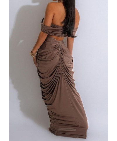 Women's Strapless Skirt Outfits Stretch Two Piece Sexy Crop Tops Ruched Maxi Skirts Sets Party Club Suits Coffee-1 $20.99 Suits