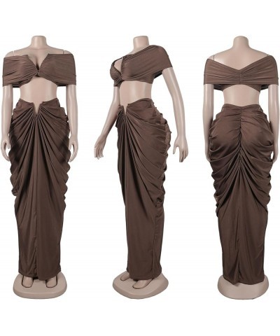 Women's Strapless Skirt Outfits Stretch Two Piece Sexy Crop Tops Ruched Maxi Skirts Sets Party Club Suits Coffee-1 $20.99 Suits