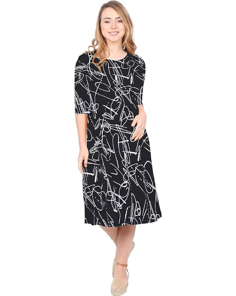 Women's Modest Lightweight Knit Mid Knee T-Shirt Dress with 3-4 Sleeves Black With White Squiggle $22.68 Dresses