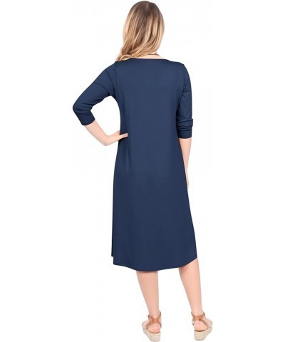 Women's Modest Lightweight Knit Mid Knee T-Shirt Dress with 3-4 Sleeves Black With White Squiggle $22.68 Dresses