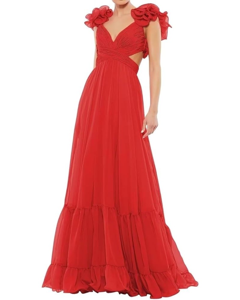 Women's Chiffon Ruffle Prom Dresses Ruched A Line Evening Formal Gowns Long V Neck Wedding Guest Dresses Red $39.04 Dresses