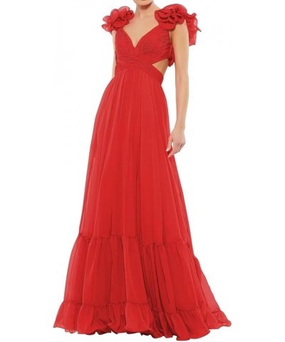 Women's Chiffon Ruffle Prom Dresses Ruched A Line Evening Formal Gowns Long V Neck Wedding Guest Dresses Red $39.04 Dresses