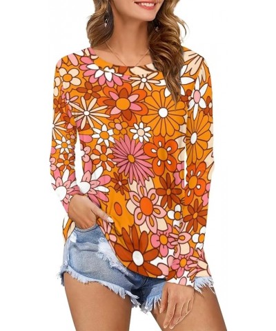 Womens Long Sleeve T-Shirt with 3D Graphic Printed Crewneck Tee Loose Fit Blouses Colorful Hippie Daisy Patterns-brown $18.23...