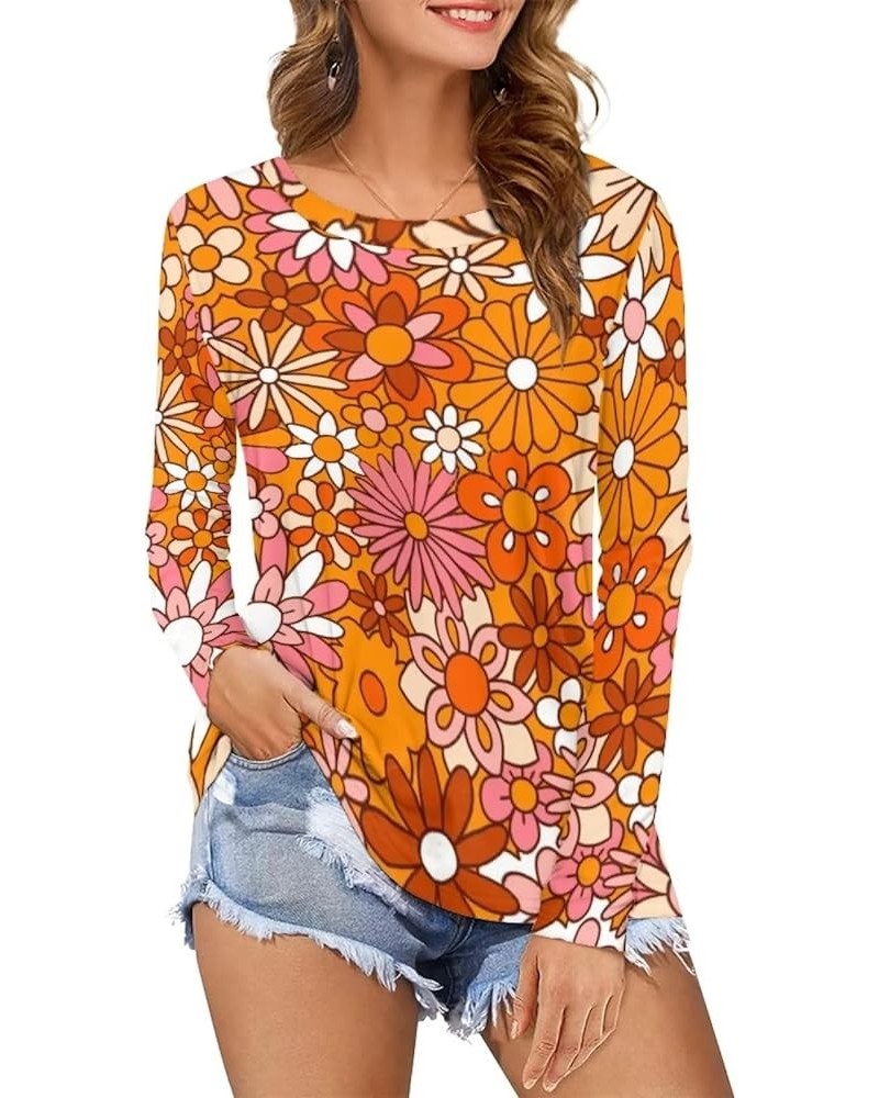 Womens Long Sleeve T-Shirt with 3D Graphic Printed Crewneck Tee Loose Fit Blouses Colorful Hippie Daisy Patterns-brown $18.23...