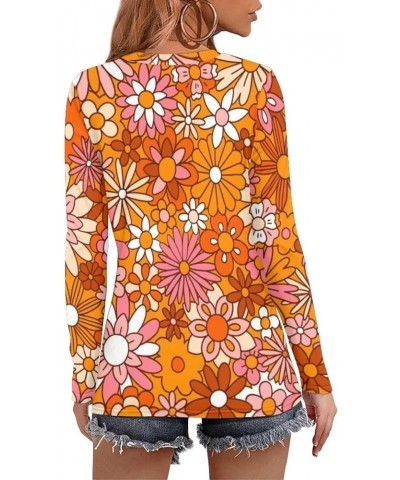 Womens Long Sleeve T-Shirt with 3D Graphic Printed Crewneck Tee Loose Fit Blouses Colorful Hippie Daisy Patterns-brown $18.23...