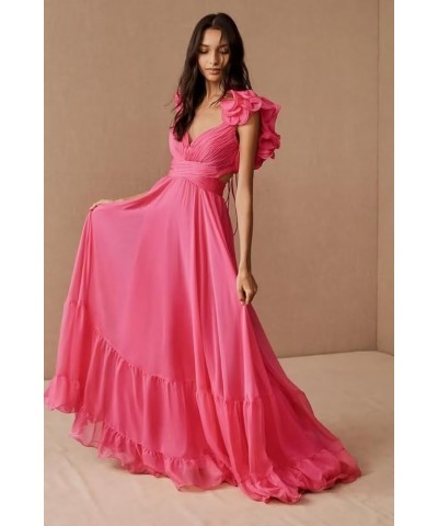 Women's Chiffon Ruffle Prom Dresses Ruched A Line Evening Formal Gowns Long V Neck Wedding Guest Dresses Red $39.04 Dresses