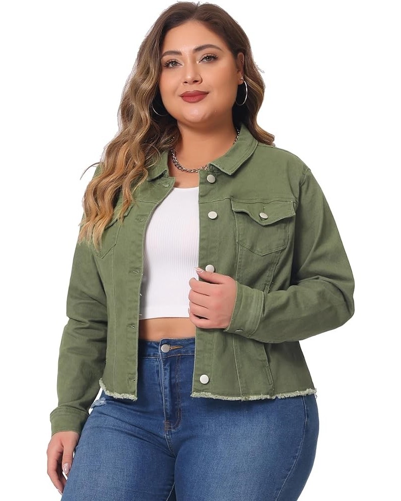 Women's Plus Size Classic Washed Front Frayed Denim Jacket Green $20.45 Jackets