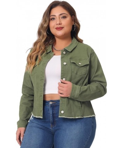 Women's Plus Size Classic Washed Front Frayed Denim Jacket Green $20.45 Jackets