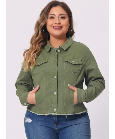 Women's Plus Size Classic Washed Front Frayed Denim Jacket Green $20.45 Jackets