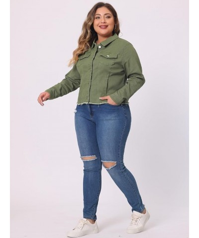 Women's Plus Size Classic Washed Front Frayed Denim Jacket Green $20.45 Jackets