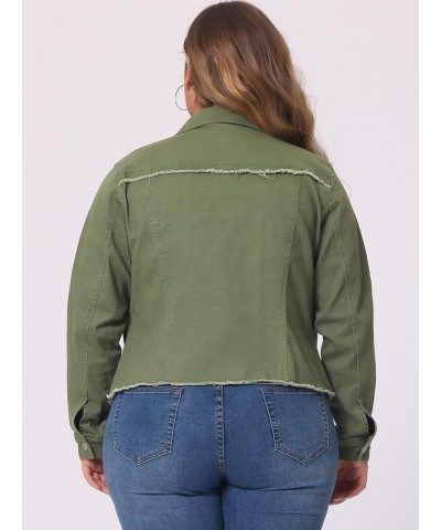 Women's Plus Size Classic Washed Front Frayed Denim Jacket Green $20.45 Jackets