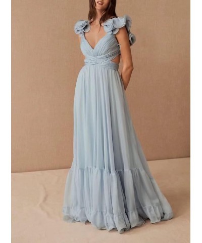 Women's Chiffon Ruffle Prom Dresses Ruched A Line Evening Formal Gowns Long V Neck Wedding Guest Dresses Red $39.04 Dresses