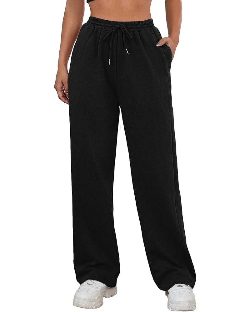 Women's Drawstring Elastic High Waist Straight Wide Leg Pants with Pockets Solid Black $14.72 Pants