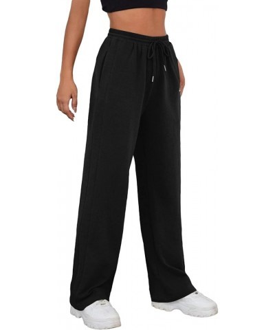 Women's Drawstring Elastic High Waist Straight Wide Leg Pants with Pockets Solid Black $14.72 Pants