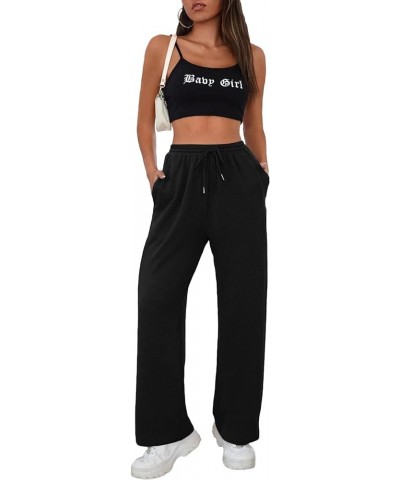 Women's Drawstring Elastic High Waist Straight Wide Leg Pants with Pockets Solid Black $14.72 Pants