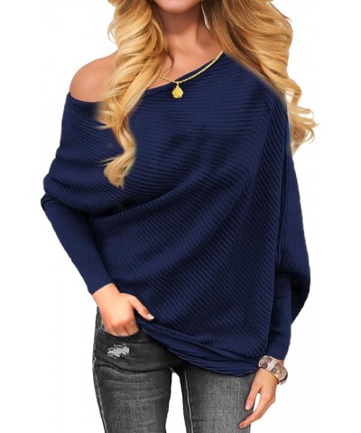 Women's Off Shoulder Knit Jumper Long Sleeve Pullover Baggy Solid Sweater Dark Blue $10.99 Sweaters