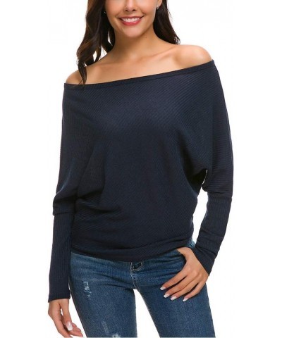 Women's Off Shoulder Knit Jumper Long Sleeve Pullover Baggy Solid Sweater Dark Blue $10.99 Sweaters