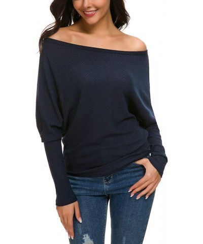 Women's Off Shoulder Knit Jumper Long Sleeve Pullover Baggy Solid Sweater Dark Blue $10.99 Sweaters