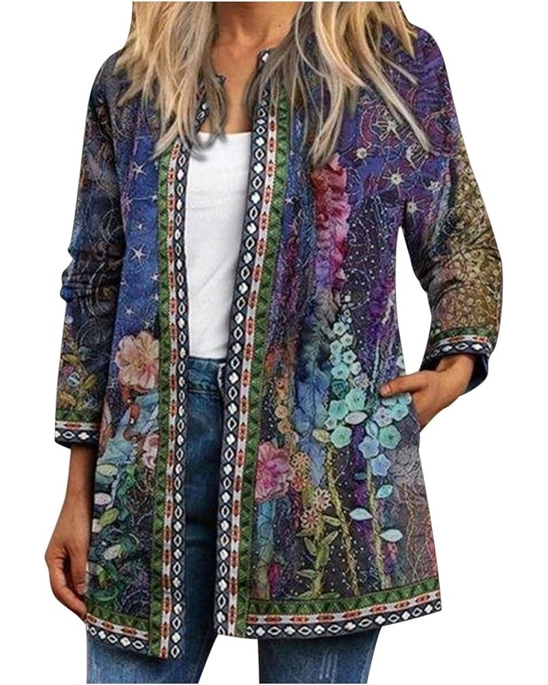 Women Open Front Ethnic Style Aztec Linen Cardigan Vintage Graphic Print Long Sleeve Casual Loose Coat with Pocket Purple $7....