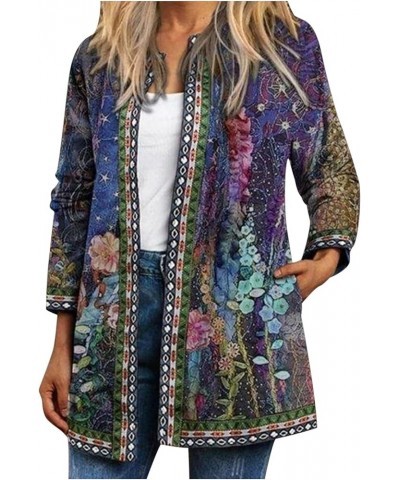 Women Open Front Ethnic Style Aztec Linen Cardigan Vintage Graphic Print Long Sleeve Casual Loose Coat with Pocket Purple $7....