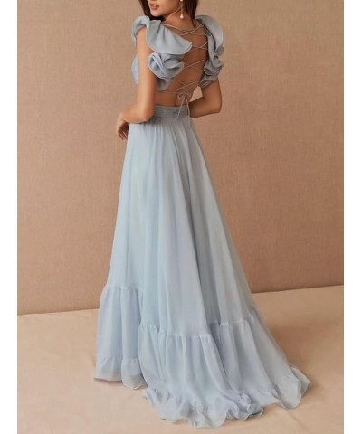 Women's Chiffon Ruffle Prom Dresses Ruched A Line Evening Formal Gowns Long V Neck Wedding Guest Dresses Red $39.04 Dresses