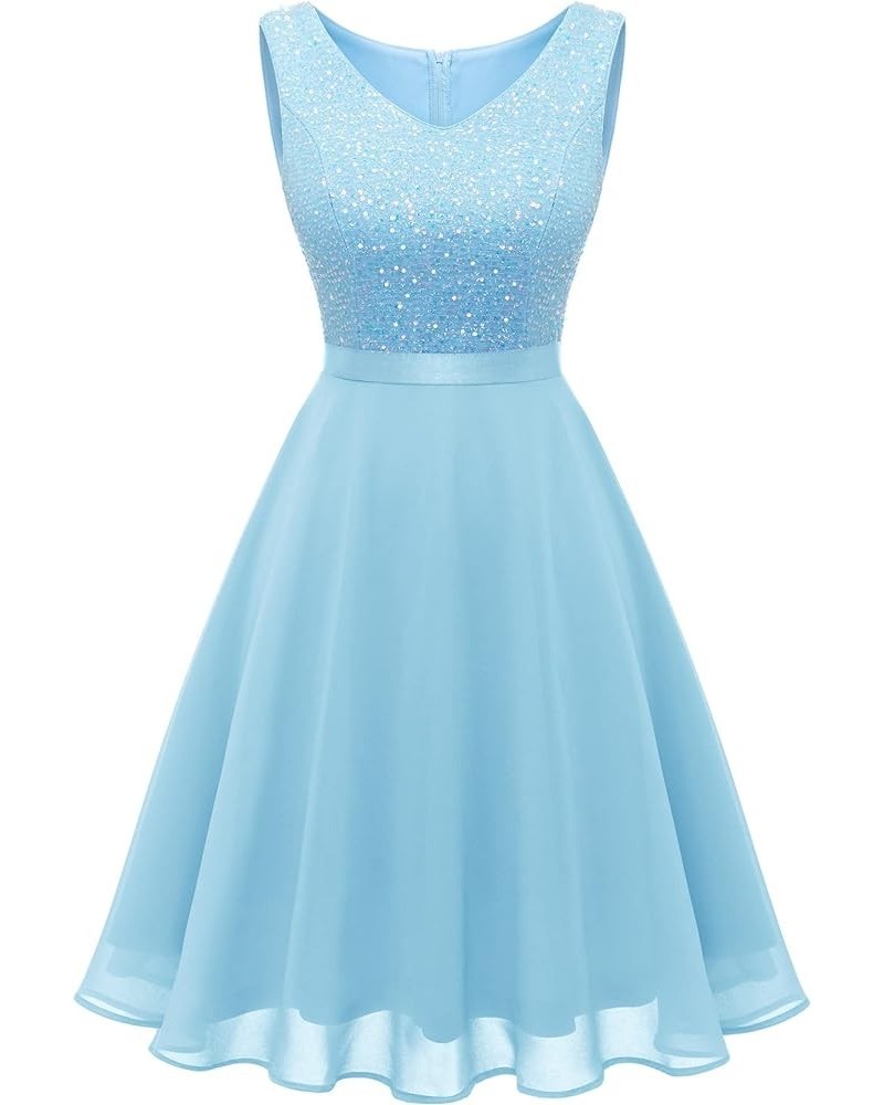 Women Floral Lace Bridesmaid Party Dress Short Prom Dress V Neck Sequin- Blue $20.21 Dresses