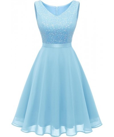 Women Floral Lace Bridesmaid Party Dress Short Prom Dress V Neck Sequin- Blue $20.21 Dresses