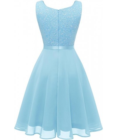 Women Floral Lace Bridesmaid Party Dress Short Prom Dress V Neck Sequin- Blue $20.21 Dresses