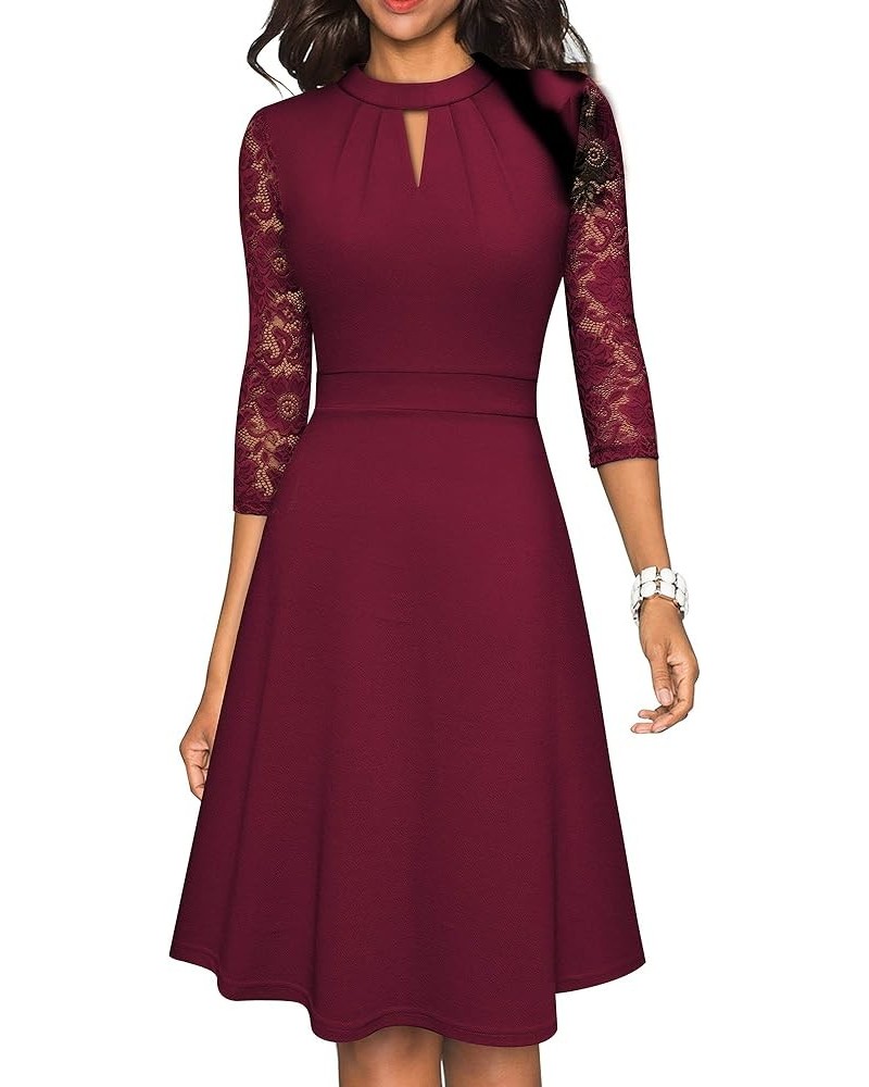 Women's Round Neck Hollow Out Lace Patchwork Retro Party Dresses A234 Burgundy $15.05 Dresses