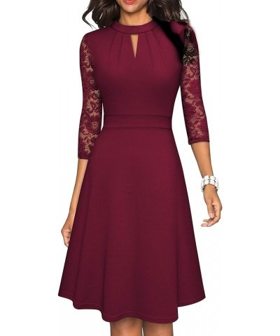 Women's Round Neck Hollow Out Lace Patchwork Retro Party Dresses A234 Burgundy $15.05 Dresses