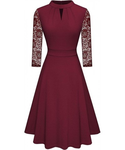 Women's Round Neck Hollow Out Lace Patchwork Retro Party Dresses A234 Burgundy $15.05 Dresses