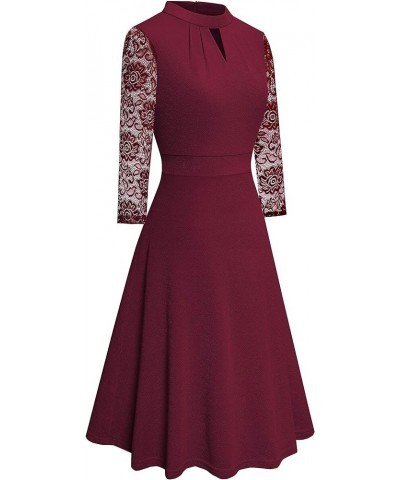 Women's Round Neck Hollow Out Lace Patchwork Retro Party Dresses A234 Burgundy $15.05 Dresses