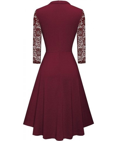 Women's Round Neck Hollow Out Lace Patchwork Retro Party Dresses A234 Burgundy $15.05 Dresses