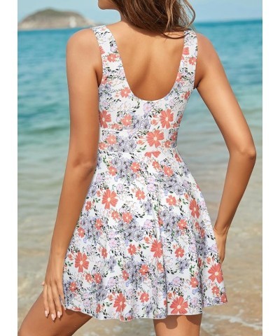 Women's Drawstring Front Cutout Swimdress Tummy Control One Piece Skirt Swimsuit White-orange Flower $25.49 Swimsuits