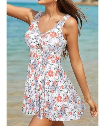 Women's Drawstring Front Cutout Swimdress Tummy Control One Piece Skirt Swimsuit White-orange Flower $25.49 Swimsuits