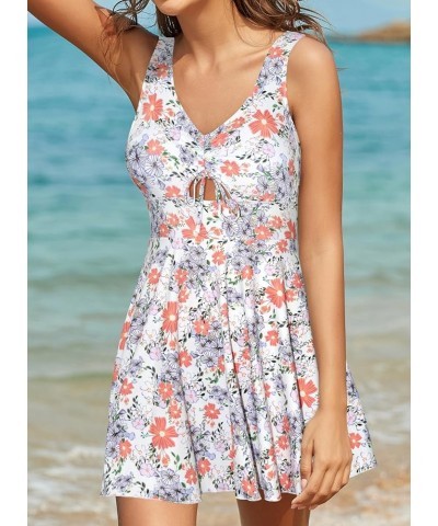 Women's Drawstring Front Cutout Swimdress Tummy Control One Piece Skirt Swimsuit White-orange Flower $25.49 Swimsuits