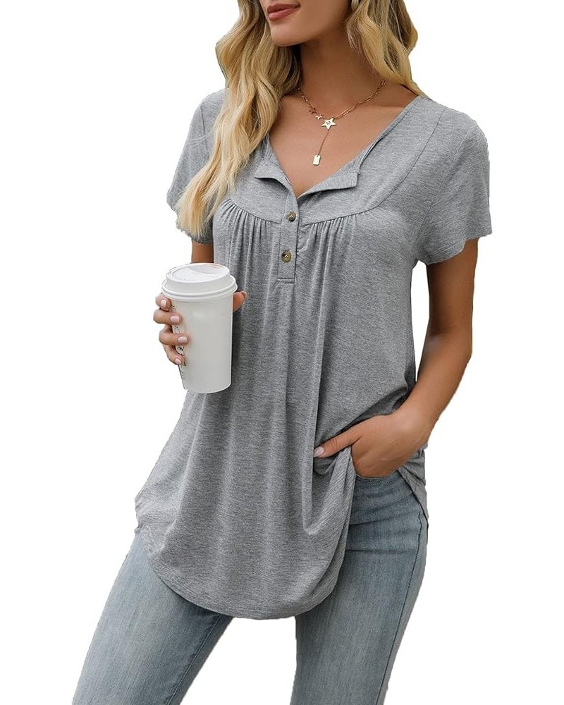 Womens Tie-Dye Tops V Neck Soft T-Shirts Flowy Pleats Tunic Button up Casual Blouses Summer Short Sleeve Grey $13.34 Tops