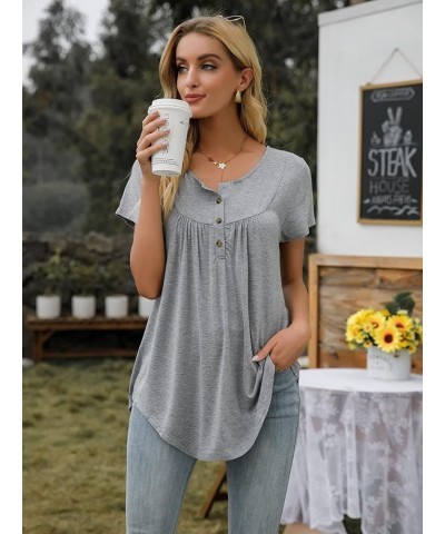 Womens Tie-Dye Tops V Neck Soft T-Shirts Flowy Pleats Tunic Button up Casual Blouses Summer Short Sleeve Grey $13.34 Tops