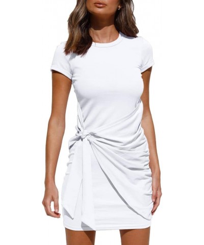 Women's Casual Short Sleeve Wrap Bodycon Ruched Tie Waist Summer Dress White $16.80 Dresses