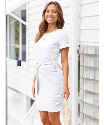 Women's Casual Short Sleeve Wrap Bodycon Ruched Tie Waist Summer Dress White $16.80 Dresses