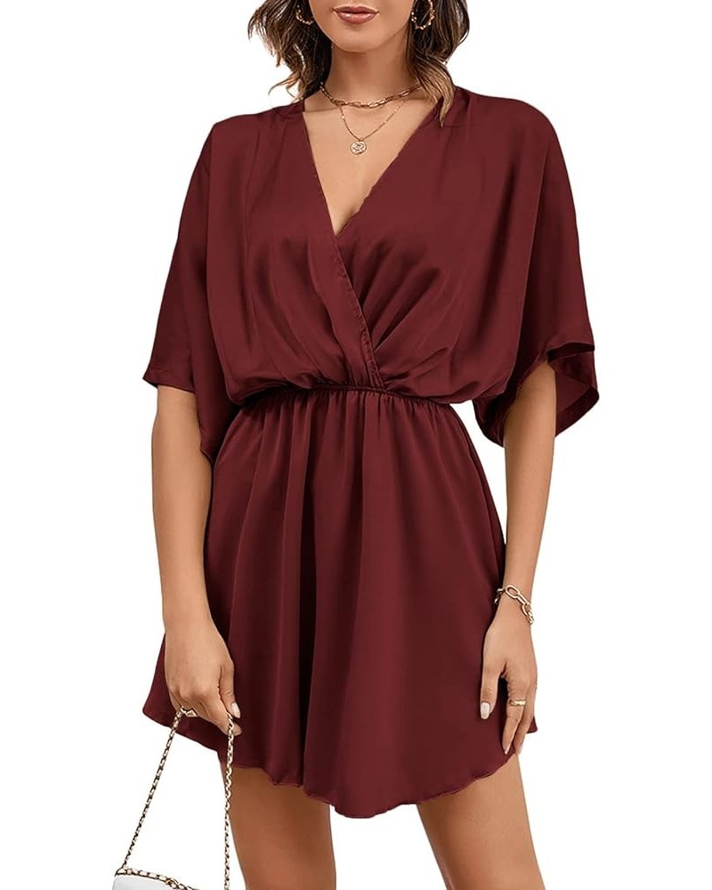 Women's Satin V Neck Twist Ruffle Flowy Swing Short Sleeve Elegant Mini Dress Solid Wine Red $25.79 Dresses