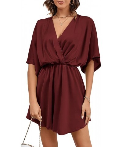 Women's Satin V Neck Twist Ruffle Flowy Swing Short Sleeve Elegant Mini Dress Solid Wine Red $25.79 Dresses