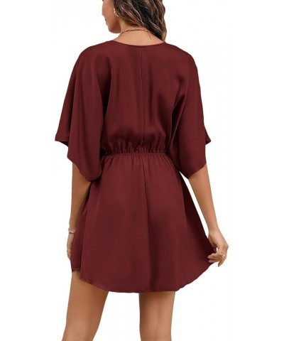 Women's Satin V Neck Twist Ruffle Flowy Swing Short Sleeve Elegant Mini Dress Solid Wine Red $25.79 Dresses