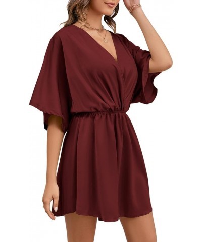 Women's Satin V Neck Twist Ruffle Flowy Swing Short Sleeve Elegant Mini Dress Solid Wine Red $25.79 Dresses