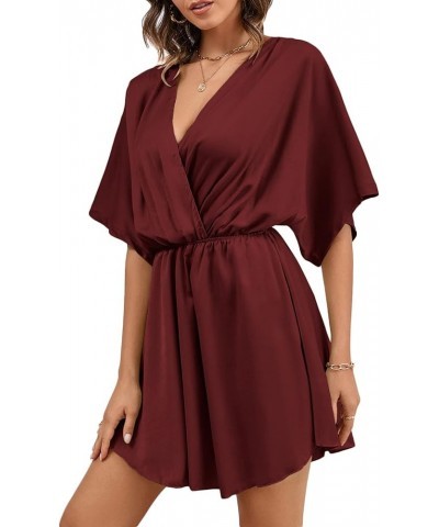 Women's Satin V Neck Twist Ruffle Flowy Swing Short Sleeve Elegant Mini Dress Solid Wine Red $25.79 Dresses