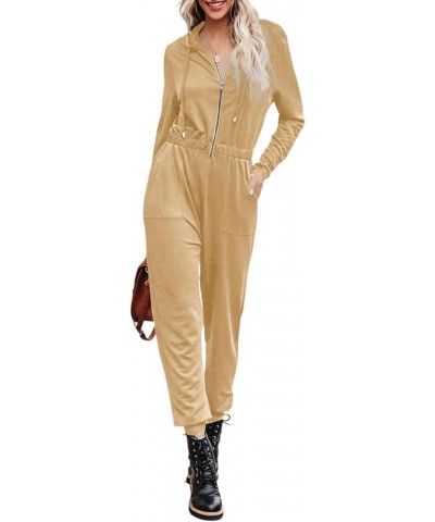 Women's Fall Casual Long Sleeve Hooded Jumpsuits Elastic Zip Up One Piece Outfits Romper with Pockets Khaki $20.29 Jumpsuits